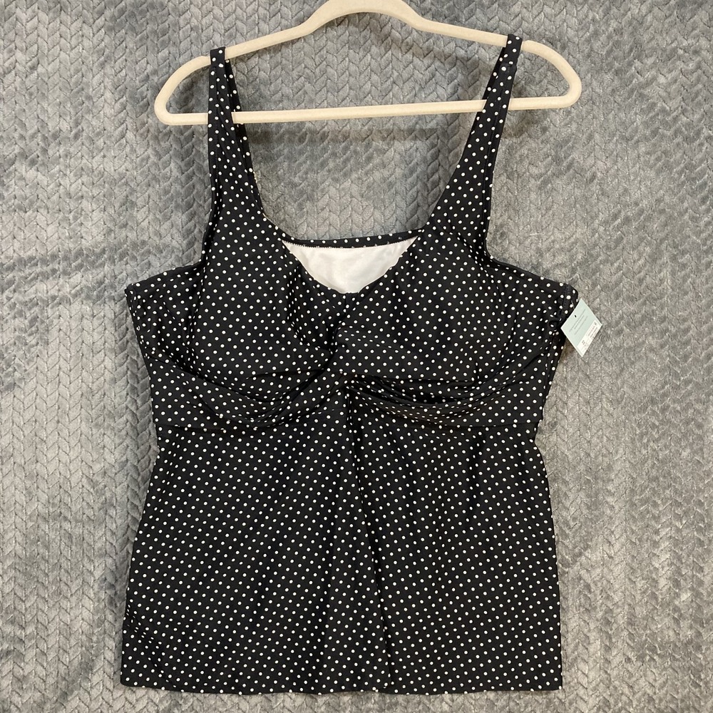 Shade & Shore Tankini Top Womens 22 Front Plunge Black Polka Dot Swim NEW